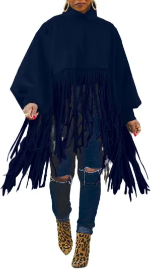 CHARTOU Women's Trendy Oversized High Neck Batwing Sleeve Tassel Fringe Wool Pullover Sweatshirt