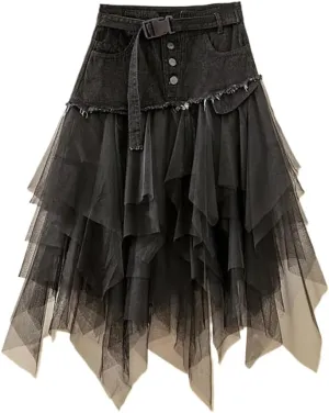ChenKongHai Women' Mesh Spliced Denim Skirt, Waist,Slim,Asymmetrical,Pleated, Gothic Jeans, Pocket Belt, Cowboy