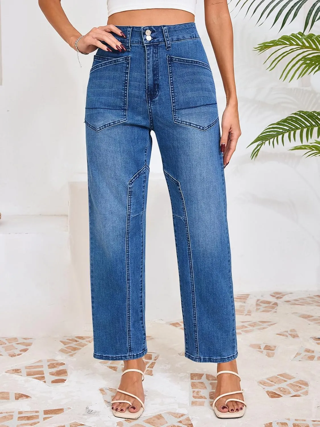 Cicy Bell Womens Baggy Straight Leg Jeans High Waisted Barrel Boyfriend Button Stretchy Trendy Denim Pants