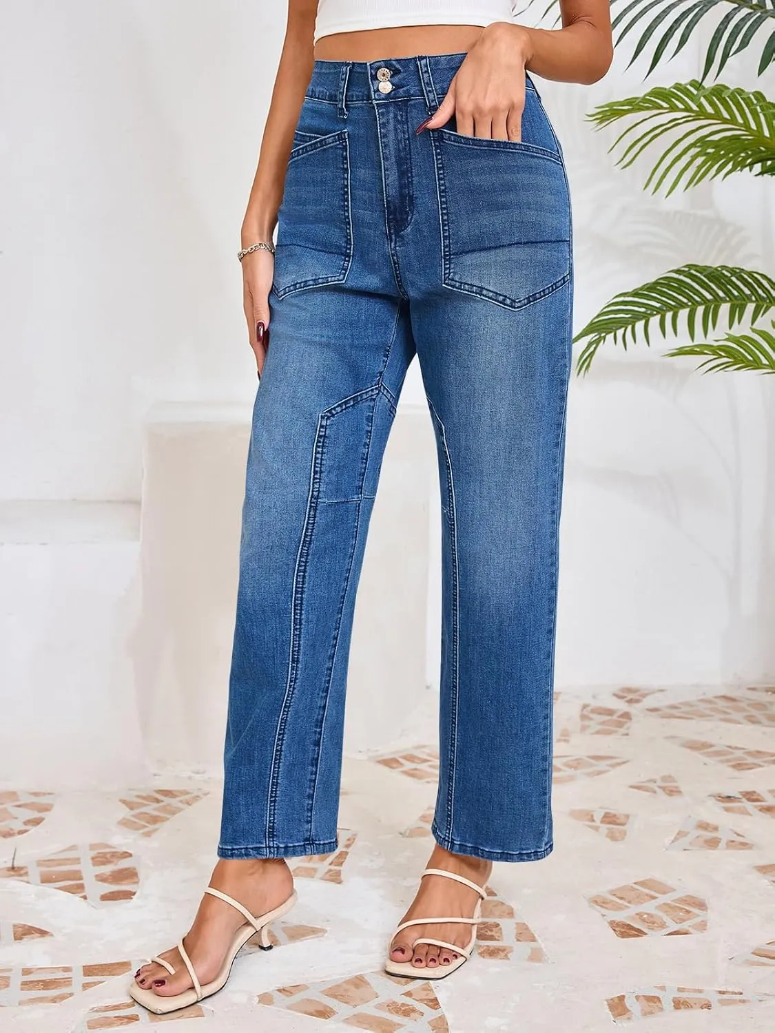 Cicy Bell Womens Baggy Straight Leg Jeans High Waisted Barrel Boyfriend Button Stretchy Trendy Denim Pants