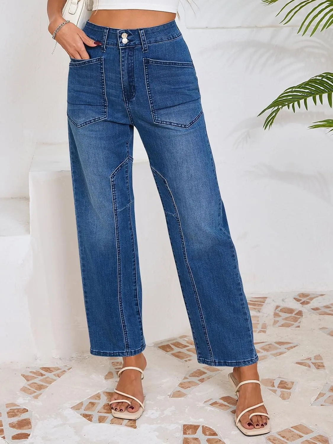 Cicy Bell Womens Baggy Straight Leg Jeans High Waisted Barrel Boyfriend Button Stretchy Trendy Denim Pants