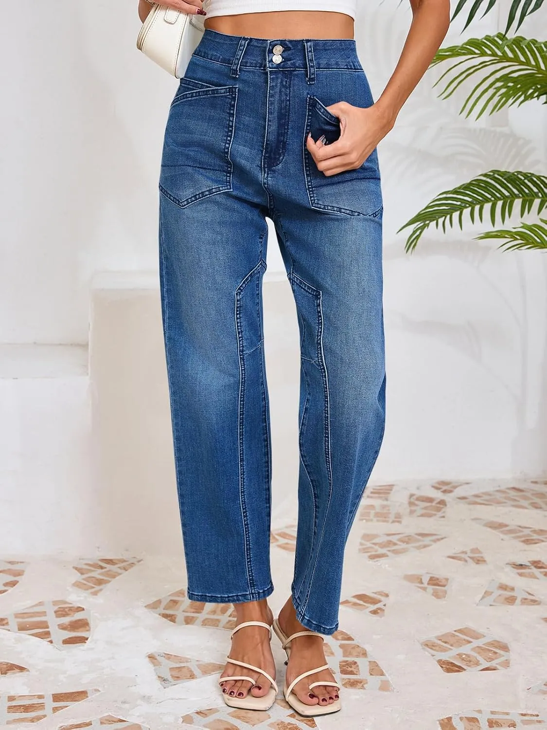 Cicy Bell Womens Baggy Straight Leg Jeans High Waisted Barrel Boyfriend Button Stretchy Trendy Denim Pants