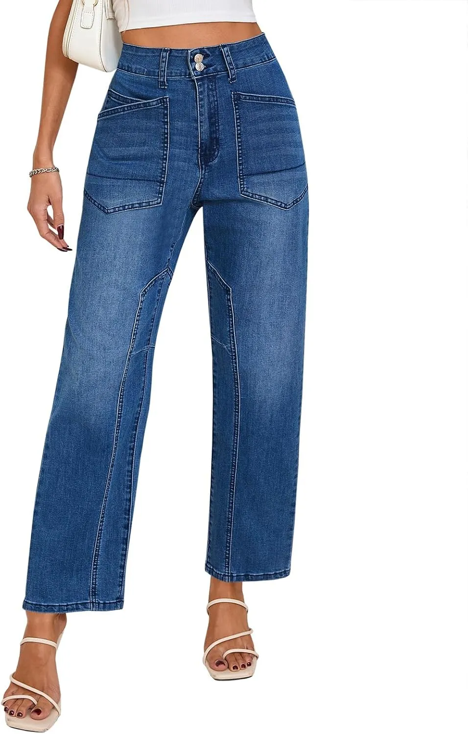 Cicy Bell Womens Baggy Straight Leg Jeans High Waisted Barrel Boyfriend Button Stretchy Trendy Denim Pants