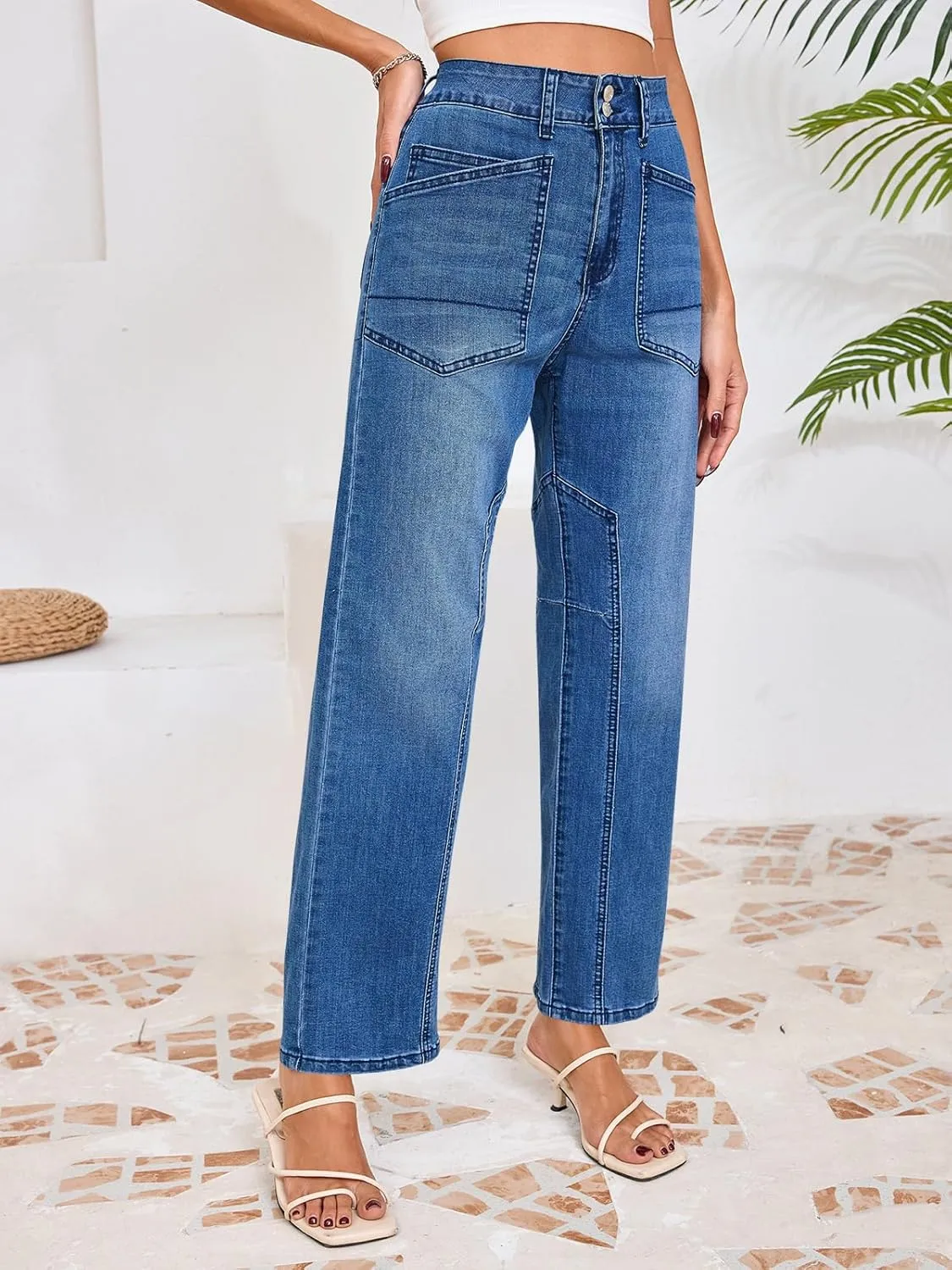 Cicy Bell Womens Baggy Straight Leg Jeans High Waisted Barrel Boyfriend Button Stretchy Trendy Denim Pants