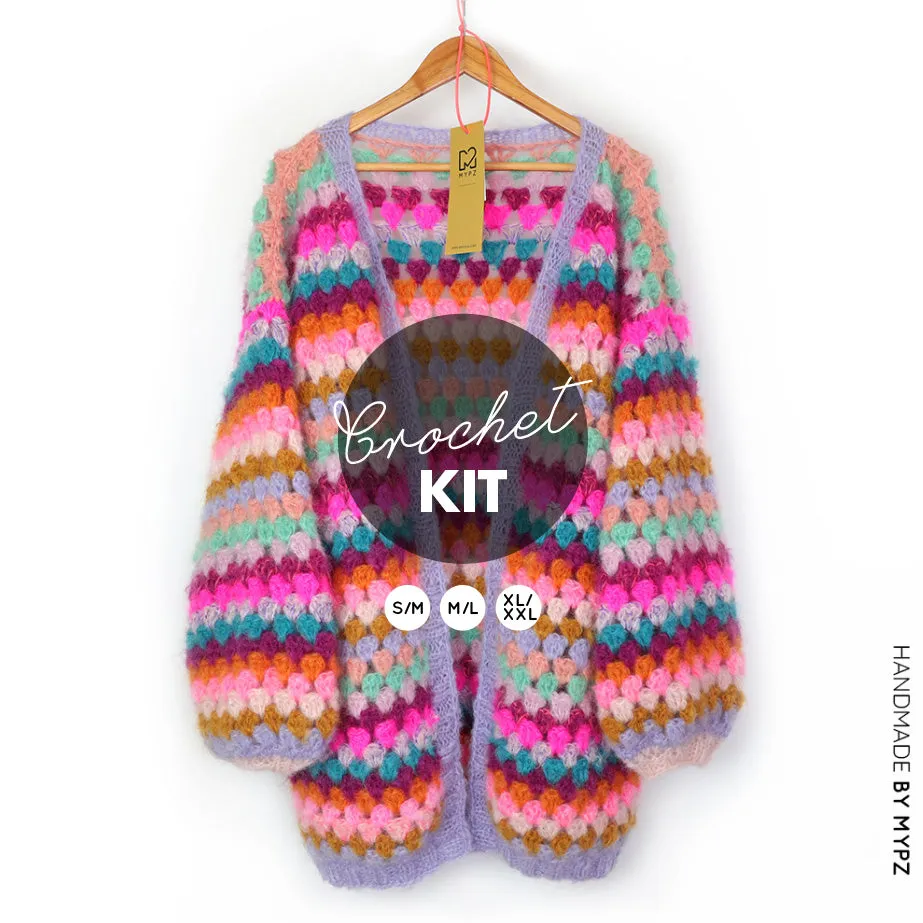 Crochet kit - MYPZ Mohair Granny stripes cardigan Spirit (ENG-NL)