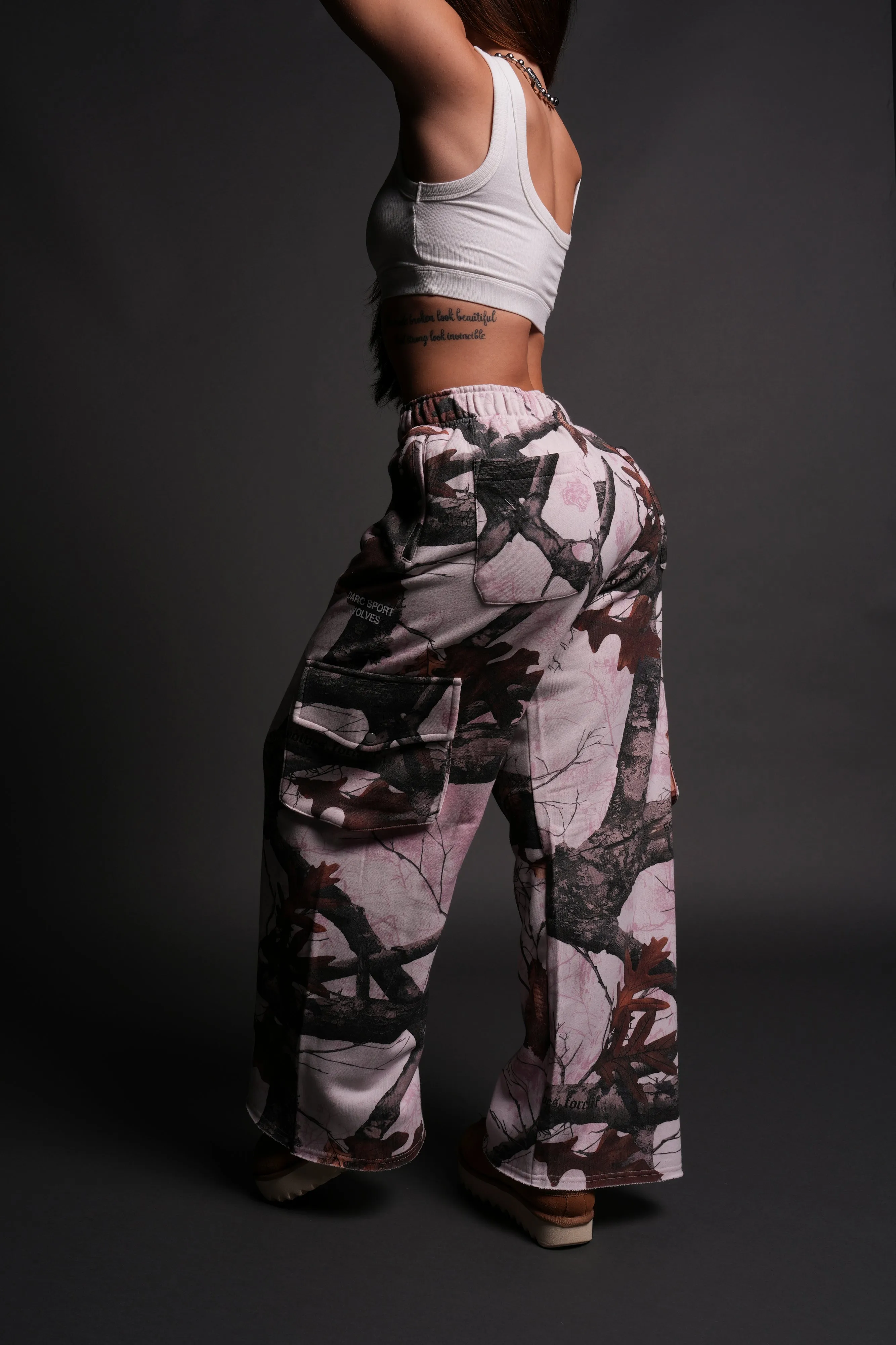 Darc Sport Wolves Durst Cargo Sweats in Baby Pink Woodland Camo