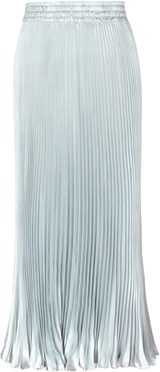 ebossy Women's Boho Satin Metallic Pleated Accordion Skirts Elastic High Waist Flowy A Line Shirring Maxi Long Skirt (One Size, Silver)