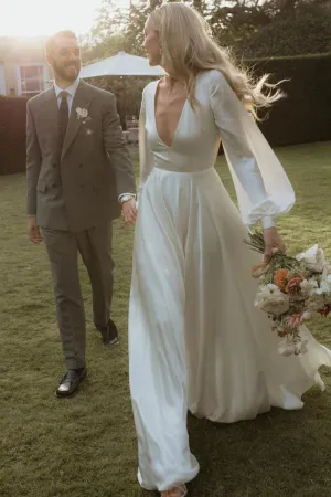 Elegant A-Line Deep V Neck Silk Satin Long Sleeves Wedding Dresses VK23082501
