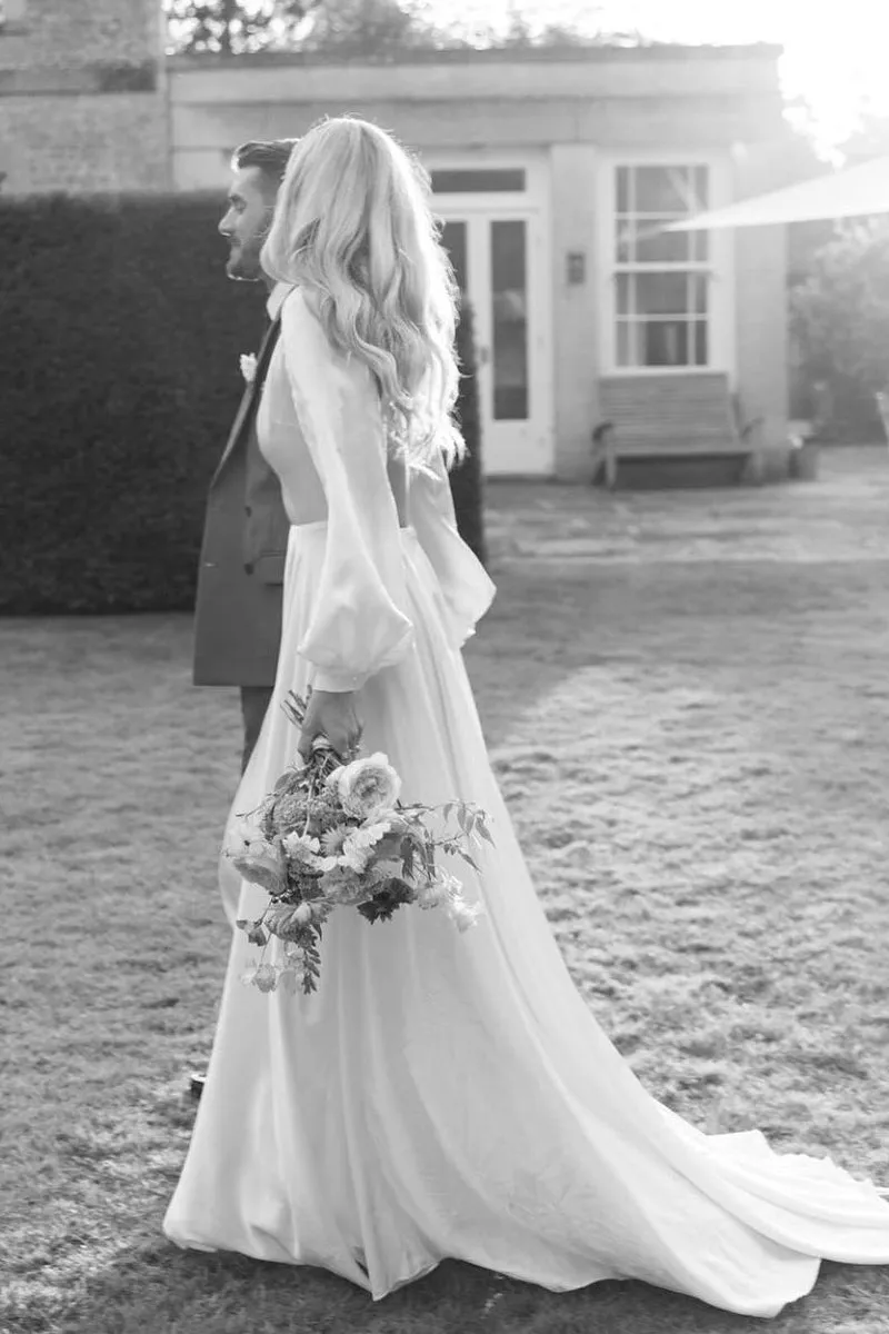 Elegant A-Line Deep V Neck Silk Satin Long Sleeves Wedding Dresses VK23082501