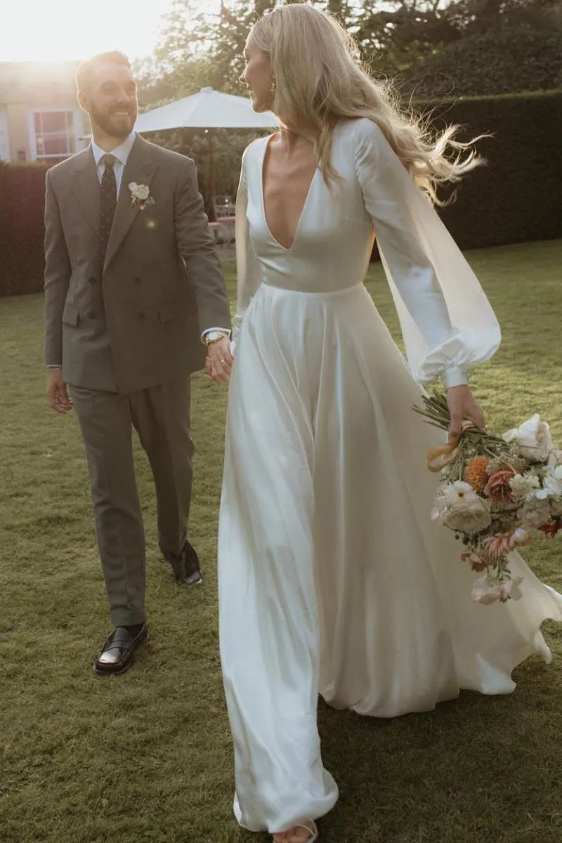 Elegant A-Line Deep V Neck Silk Satin Long Sleeves Wedding Dresses VK23082501
