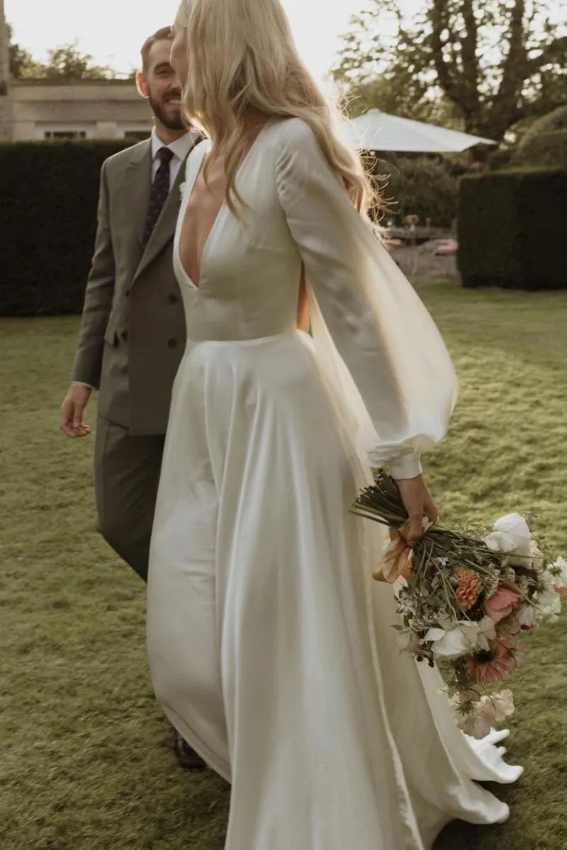 Elegant A-Line Deep V Neck Silk Satin Long Sleeves Wedding Dresses VK23082501
