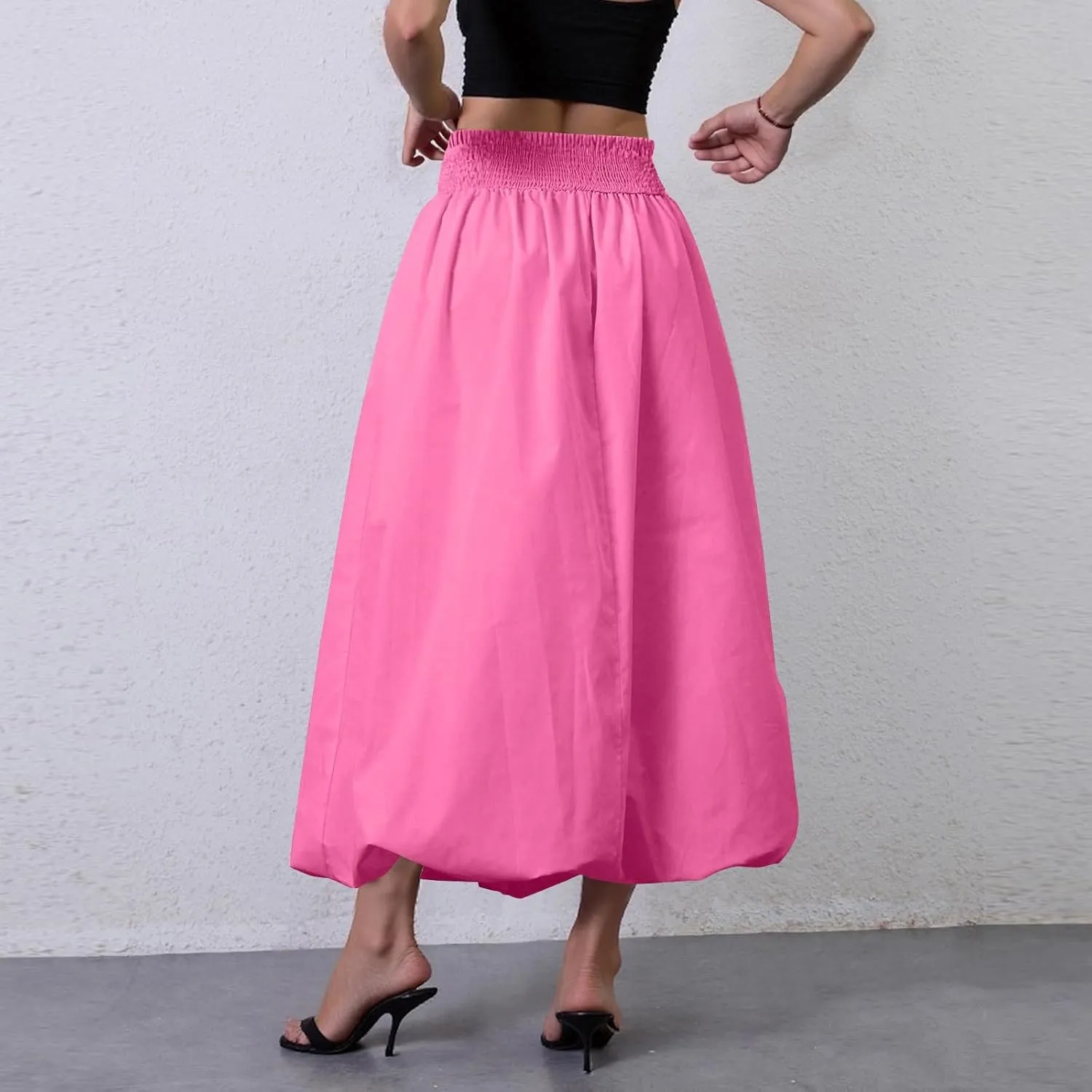 fanmpghleoo Bubble Maxi Skirts for Women Cute Elastic High Waisted Skirts Summer Y2k Casual Balloon Ruffle A Line Long Skirt
