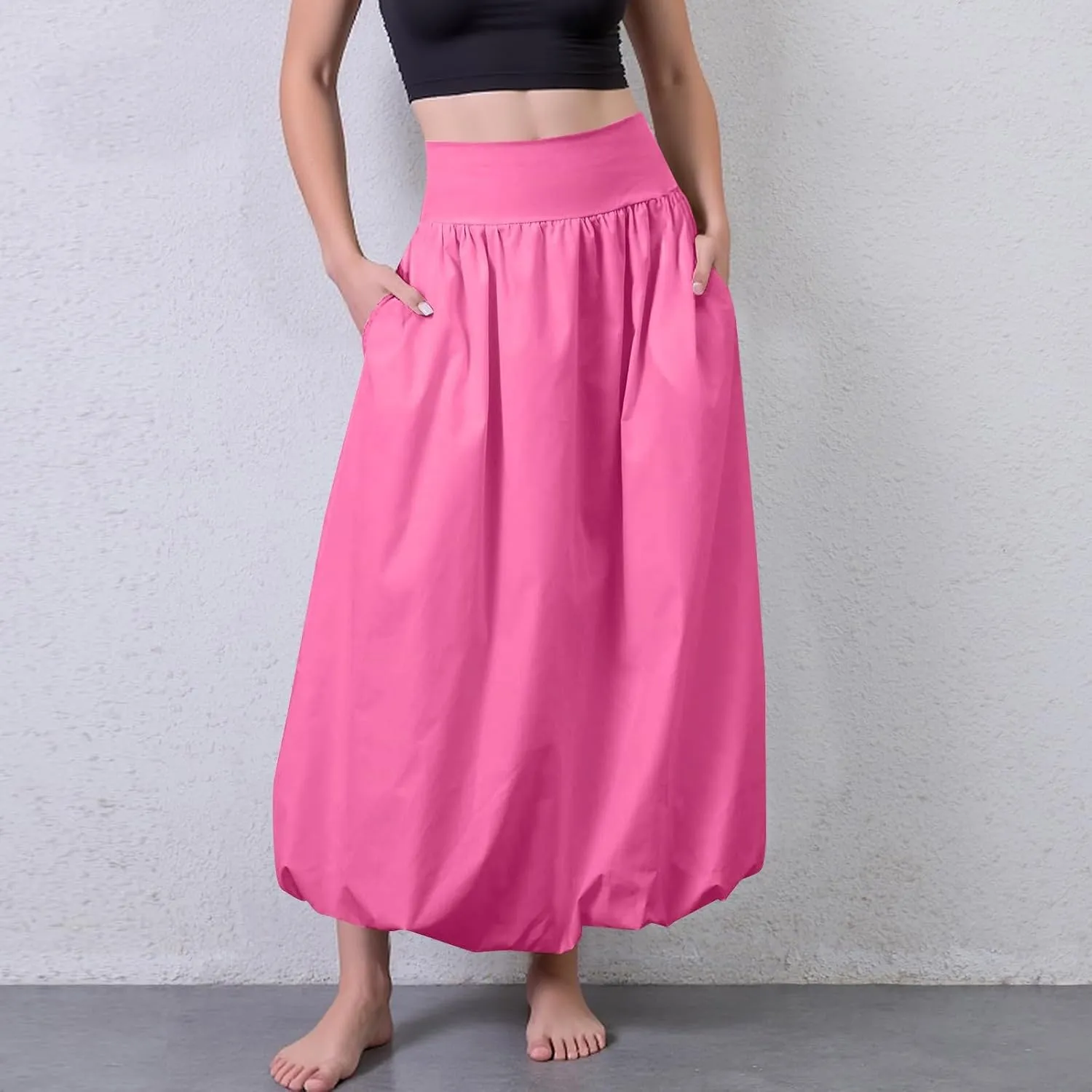 fanmpghleoo Bubble Maxi Skirts for Women Cute Elastic High Waisted Skirts Summer Y2k Casual Balloon Ruffle A Line Long Skirt