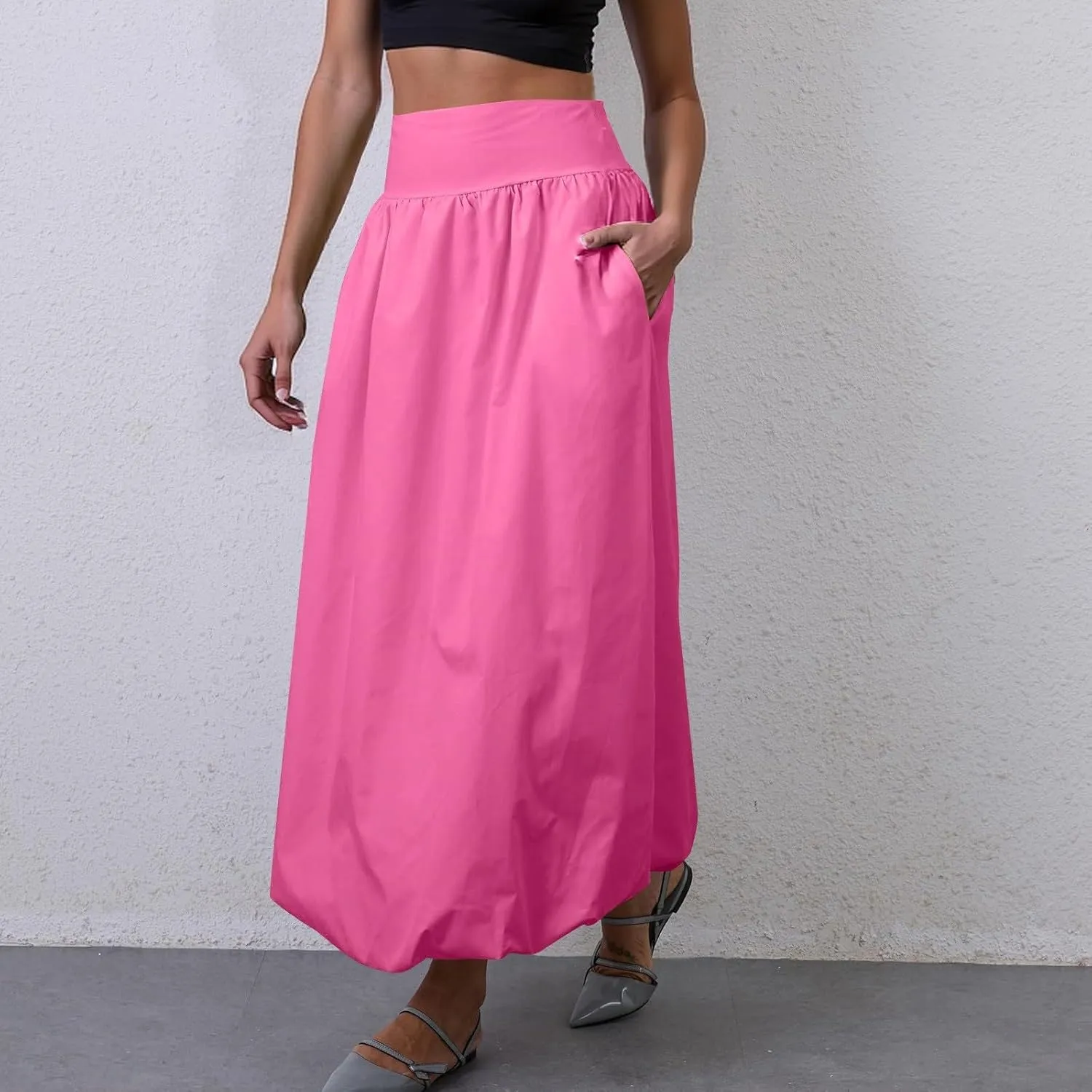 fanmpghleoo Bubble Maxi Skirts for Women Cute Elastic High Waisted Skirts Summer Y2k Casual Balloon Ruffle A Line Long Skirt