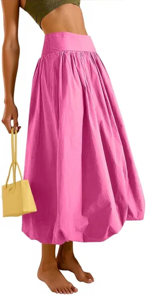 fanmpghleoo Bubble Maxi Skirts for Women Cute Elastic High Waisted Skirts Summer Y2k Casual Balloon Ruffle A Line Long Skirt
