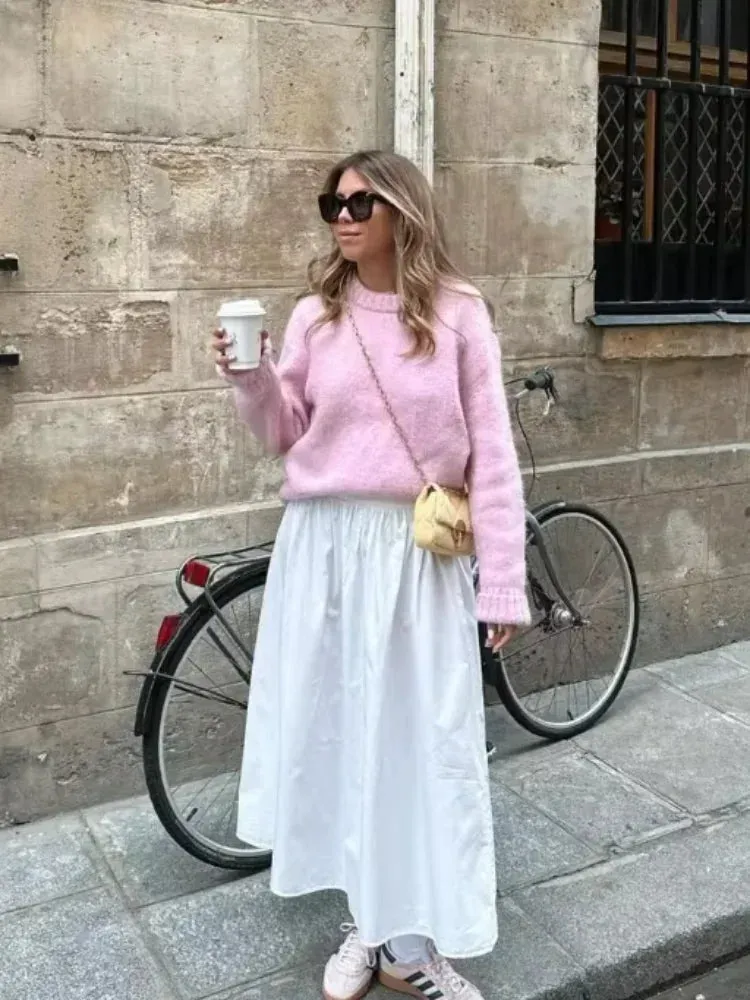 Fashionkova Sweet Pink O Neck Knitted Sweater Fashion Long Sleeve Loose Women's Pullover Sweaters 2024 New Autumn Female Street Basis Jumper