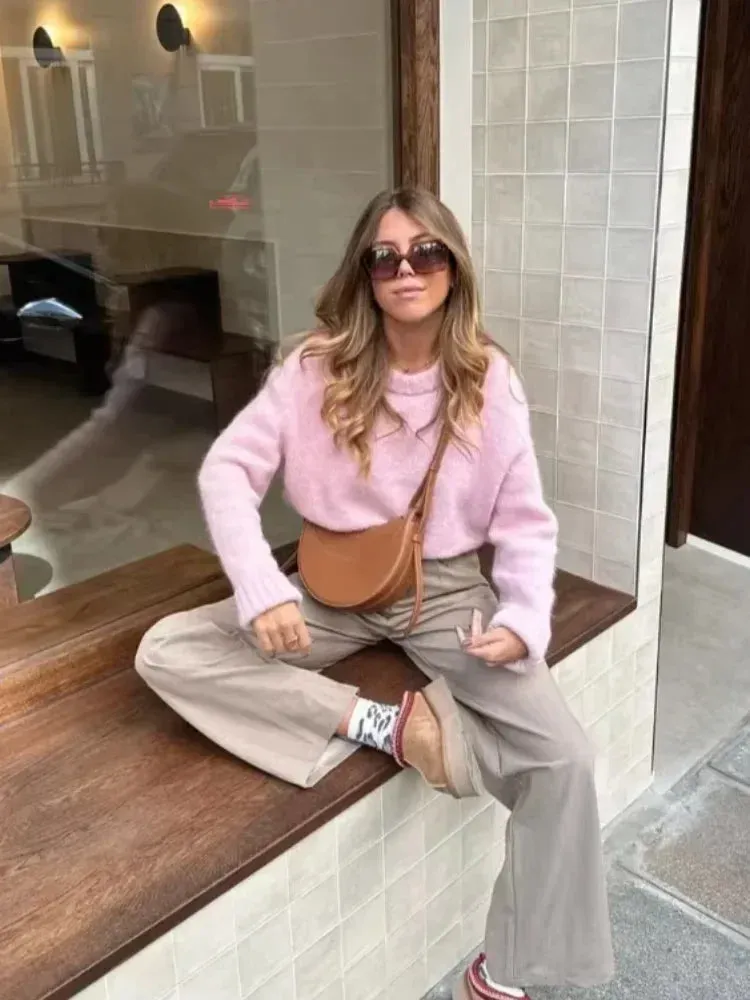 Fashionkova Sweet Pink O Neck Knitted Sweater Fashion Long Sleeve Loose Women's Pullover Sweaters 2024 New Autumn Female Street Basis Jumper
