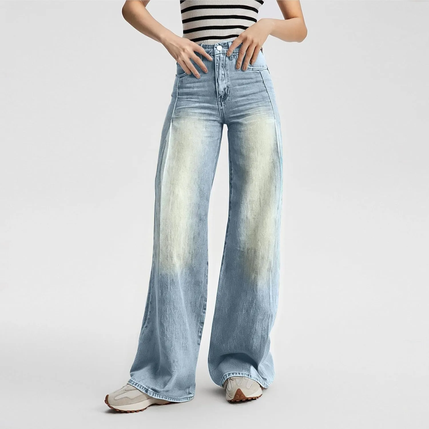 Flare Jeans for Women Vintage Wide Leg Boyfriend Baggy Stretchy High Waisted Denim Pants with Pockets