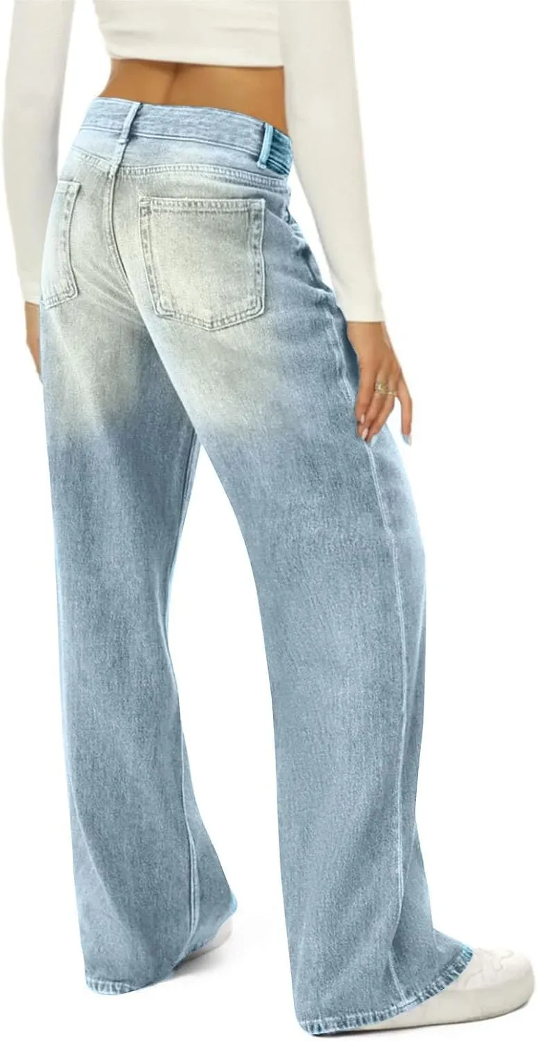 Flare Jeans for Women Vintage Wide Leg Boyfriend Baggy Stretchy High Waisted Denim Pants with Pockets