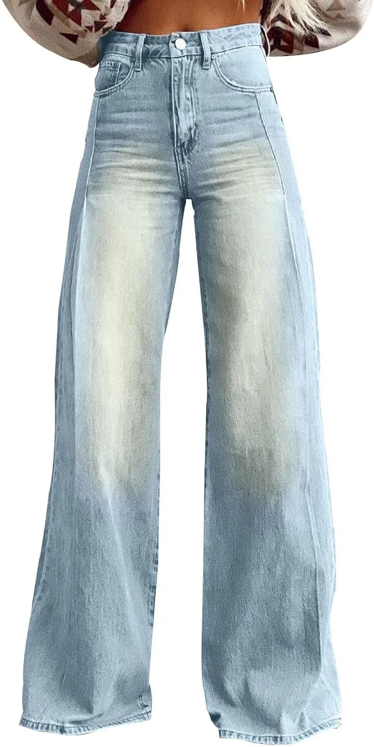 Flare Jeans for Women Vintage Wide Leg Boyfriend Baggy Stretchy High Waisted Denim Pants with Pockets