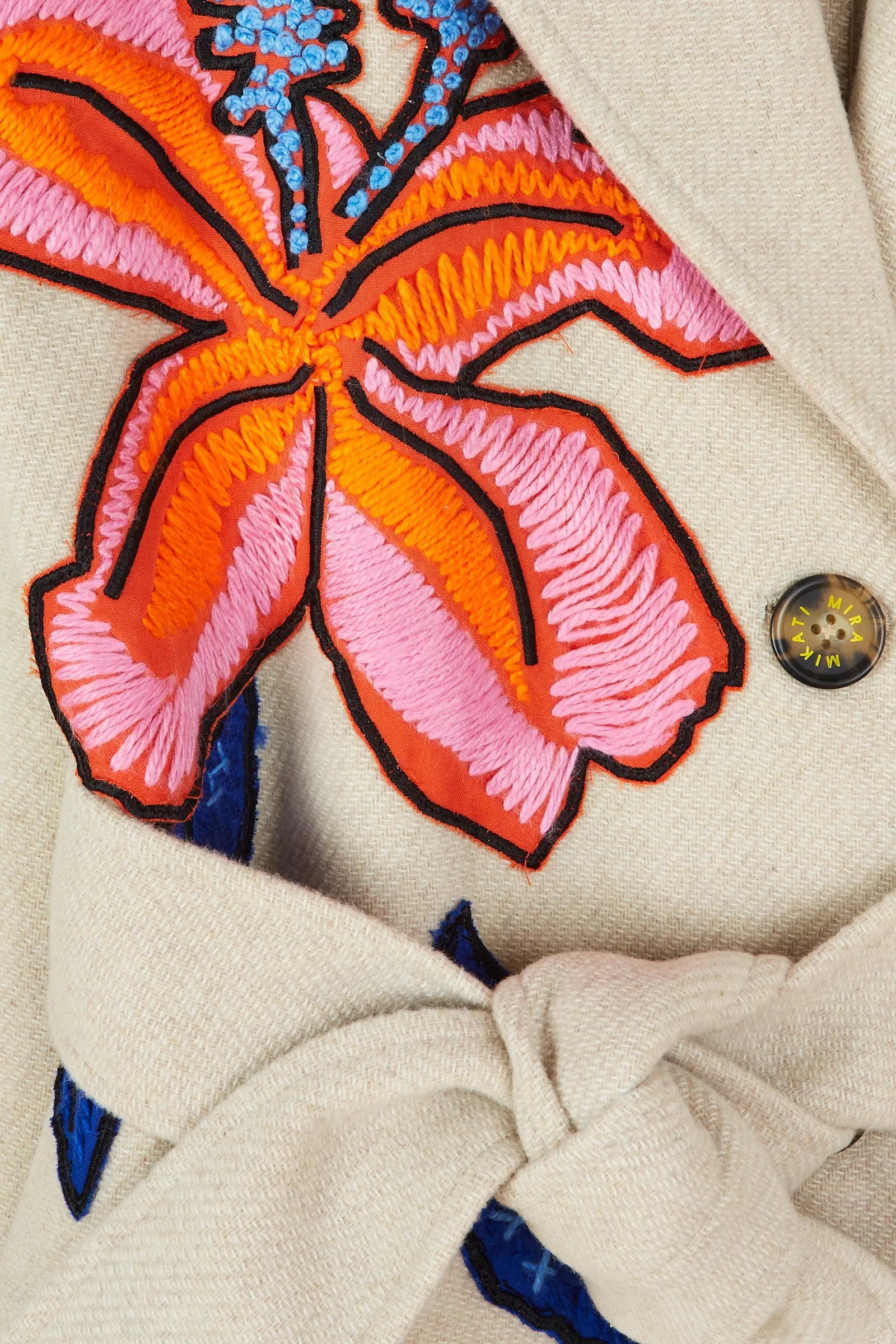 Flower Embroidered Belted Coat
