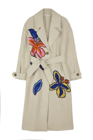 Flower Embroidered Belted Coat