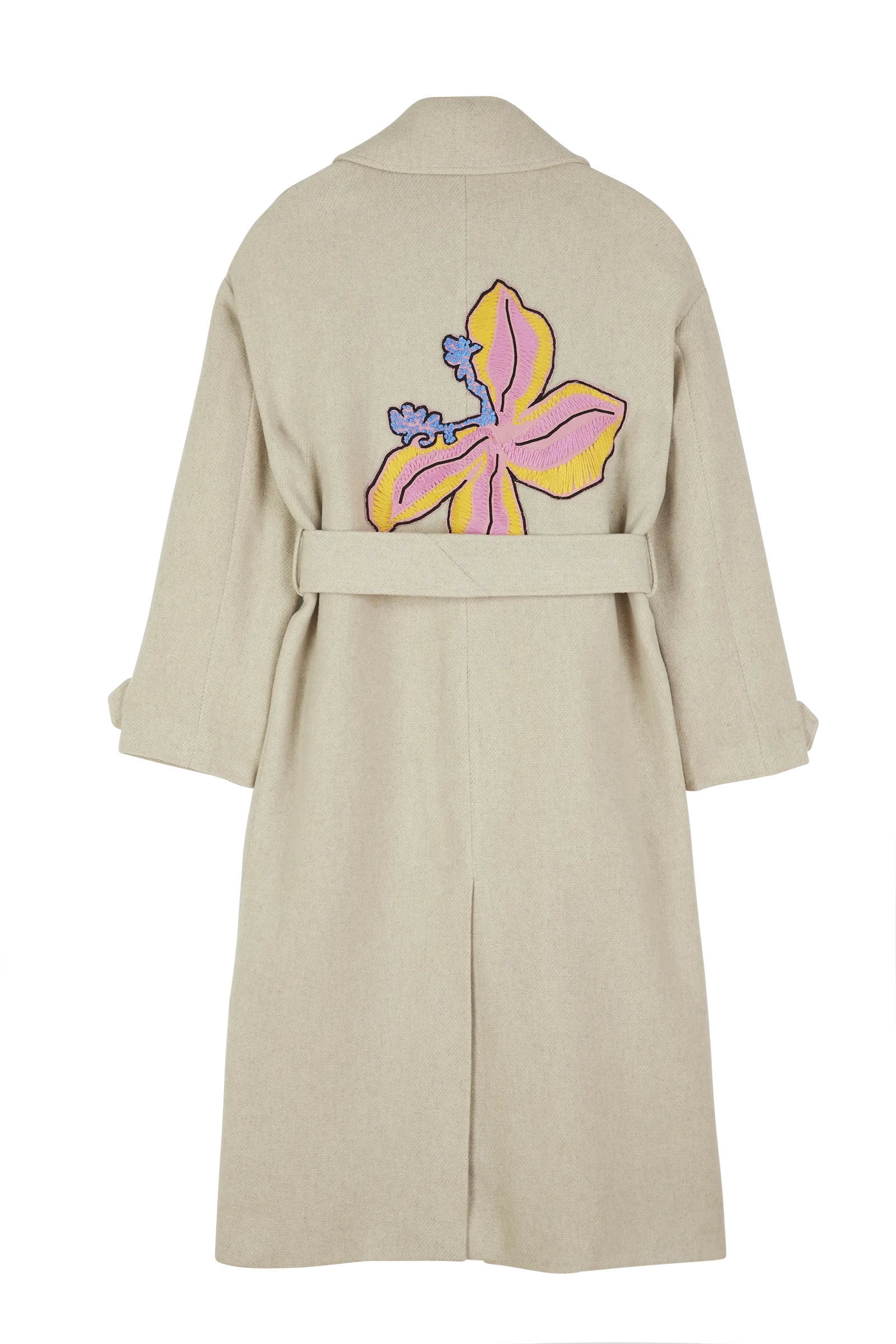 Flower Embroidered Belted Coat