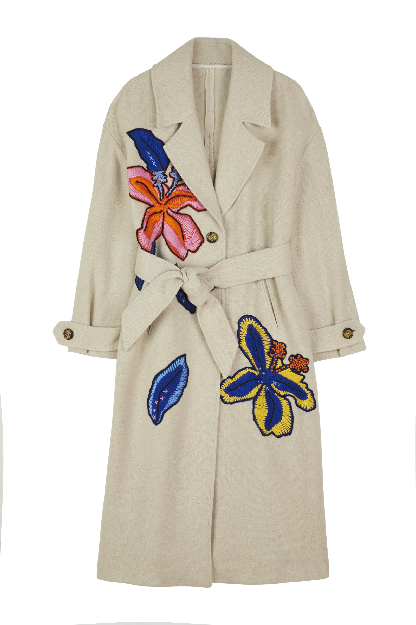 Flower Embroidered Belted Coat