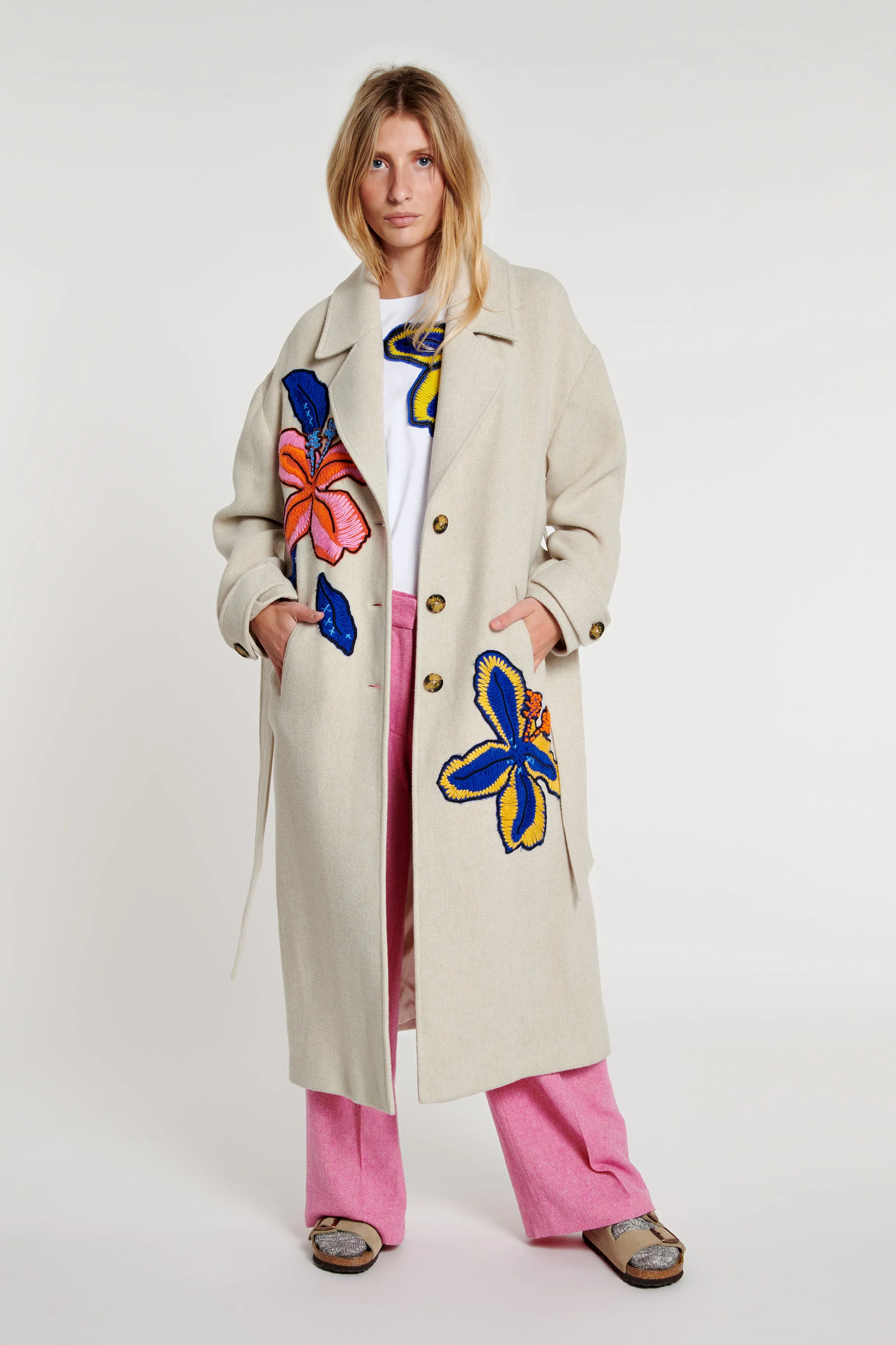 Flower Embroidered Belted Coat