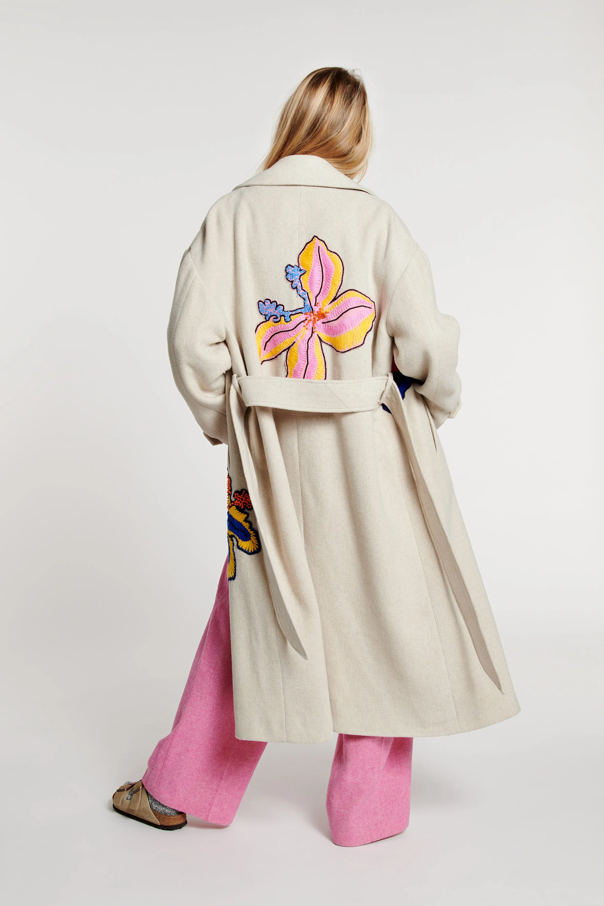 Flower Embroidered Belted Coat