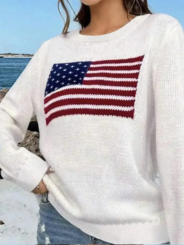 Flytonn-Christmas Thanksgiving Gift New Year's Eve Casual Outfits Chic Flag Print Long Sleeve Knitted Casual Pullover Versatile Round Neck Loose Sweater 2024 Fall New Woman Daily Streetwear