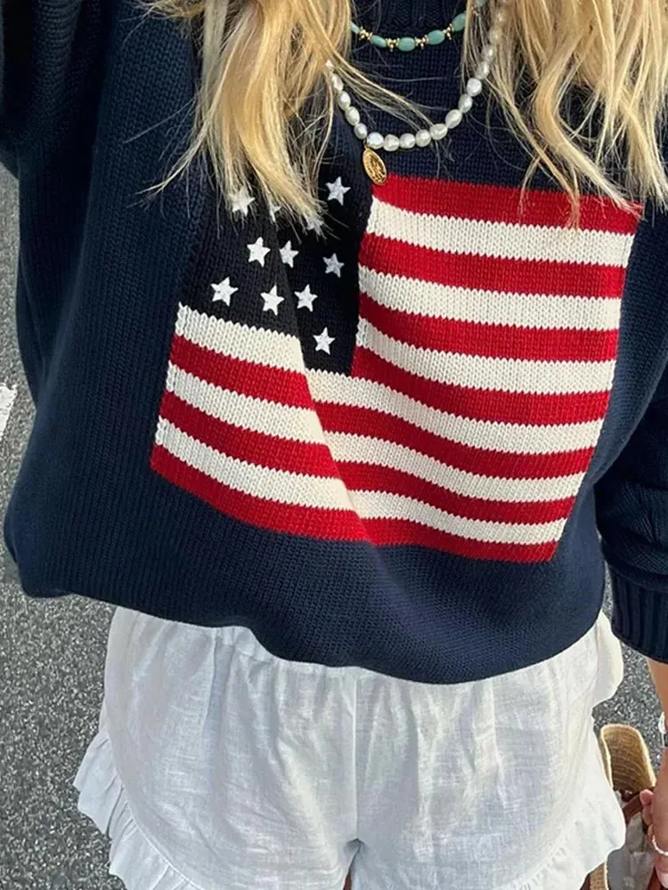 Flytonn-Christmas Thanksgiving Gift New Year's Eve Casual Outfits Chic Flag Print Long Sleeve Knitted Casual Pullover Versatile Round Neck Loose Sweater 2024 Fall New Woman Daily Streetwear