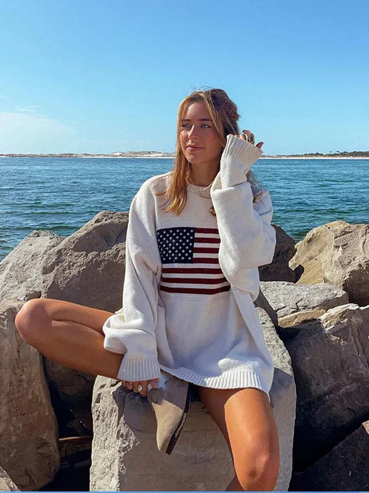 Flytonn-Christmas Thanksgiving Gift New Year's Eve Casual Outfits Chic Flag Print Long Sleeve Knitted Casual Pullover Versatile Round Neck Loose Sweater 2024 Fall New Woman Daily Streetwear