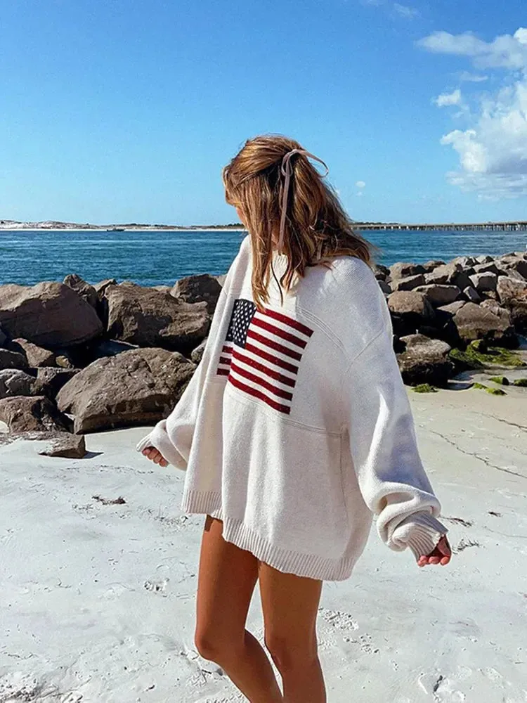 Flytonn-Christmas Thanksgiving Gift New Year's Eve Casual Outfits Chic Flag Print Long Sleeve Knitted Casual Pullover Versatile Round Neck Loose Sweater 2024 Fall New Woman Daily Streetwear