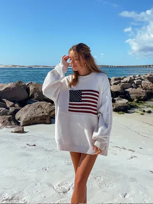 Flytonn-Christmas Thanksgiving Gift New Year's Eve Casual Outfits Chic Flag Print Long Sleeve Knitted Casual Pullover Versatile Round Neck Loose Sweater 2024 Fall New Woman Daily Streetwear