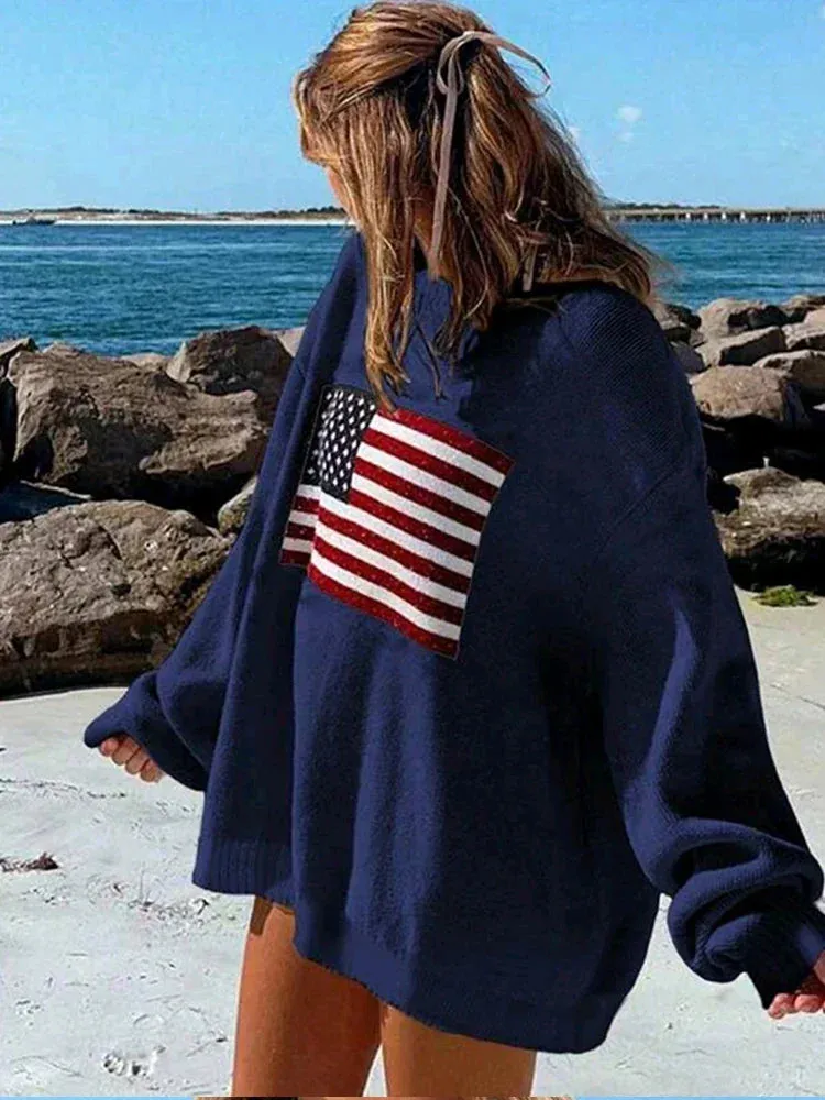 Flytonn-Christmas Thanksgiving Gift New Year's Eve Casual Outfits Chic Flag Print Long Sleeve Knitted Casual Pullover Versatile Round Neck Loose Sweater 2024 Fall New Woman Daily Streetwear