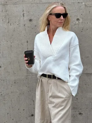 Flytonn-Elegant White Pleated Patchwork Knit Sweater Women Casual V-neck Long Sleeve Loose Pullover Autumn Winter Lady Street Sweaters