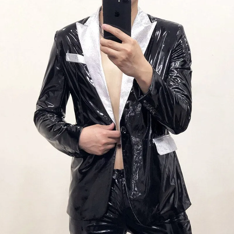 Glossy Leather Contrast Men Blazer