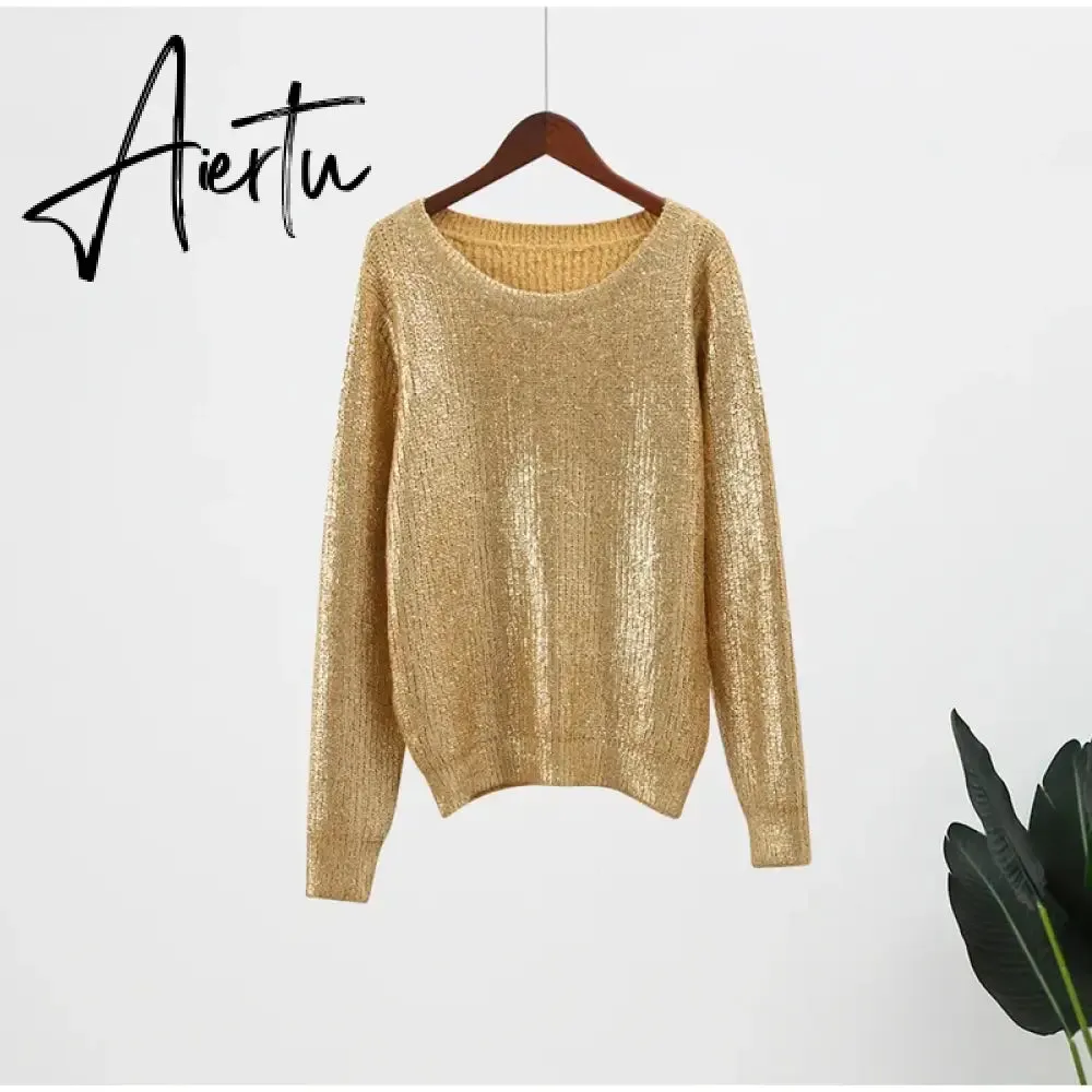 Gold Color O Neck Sweaters Women Fashion Long Sleeve Bright Silk Knit Pullover Female Autumn Elegant Office Ladies Loose Jumpers