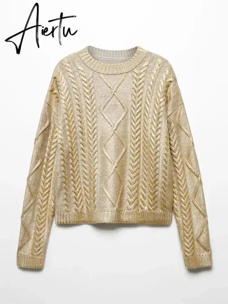 Gold Color O Neck Sweaters Women Fashion Long Sleeve Bright Silk Knit Pullover Female Autumn Elegant Office Ladies Loose Jumpers