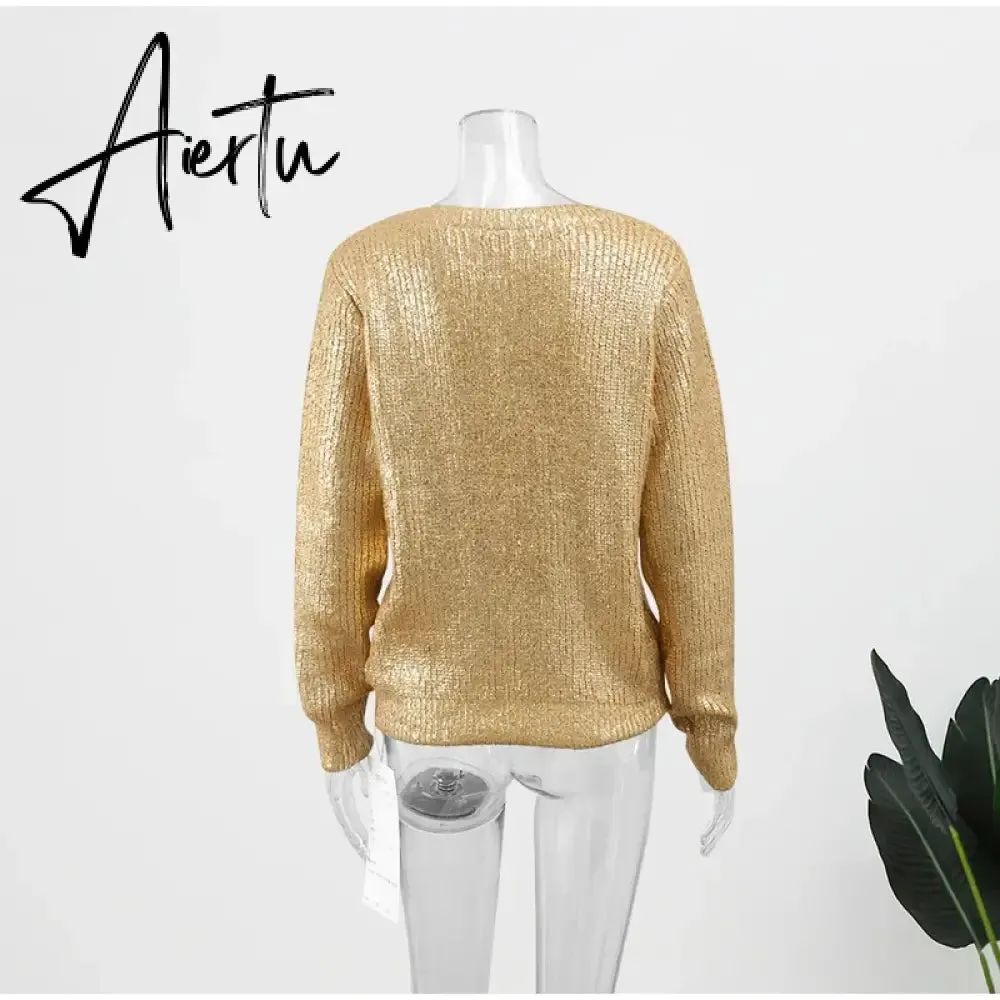 Gold Color O Neck Sweaters Women Fashion Long Sleeve Bright Silk Knit Pullover Female Autumn Elegant Office Ladies Loose Jumpers