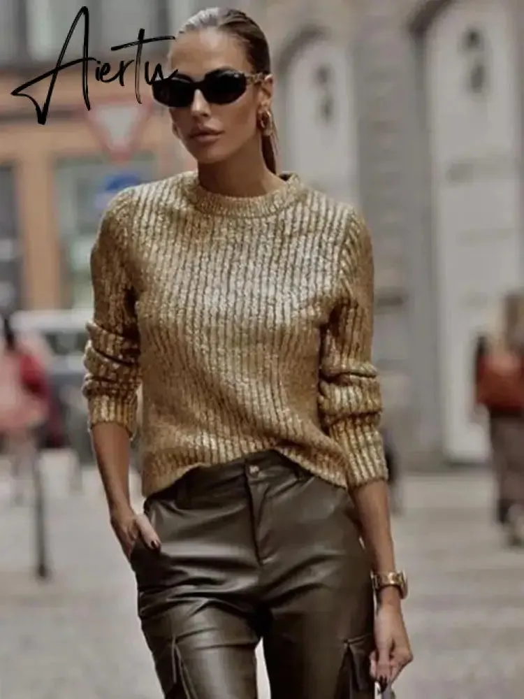 Gold Color O Neck Sweaters Women Fashion Long Sleeve Bright Silk Knit Pullover Female Autumn Elegant Office Ladies Loose Jumpers