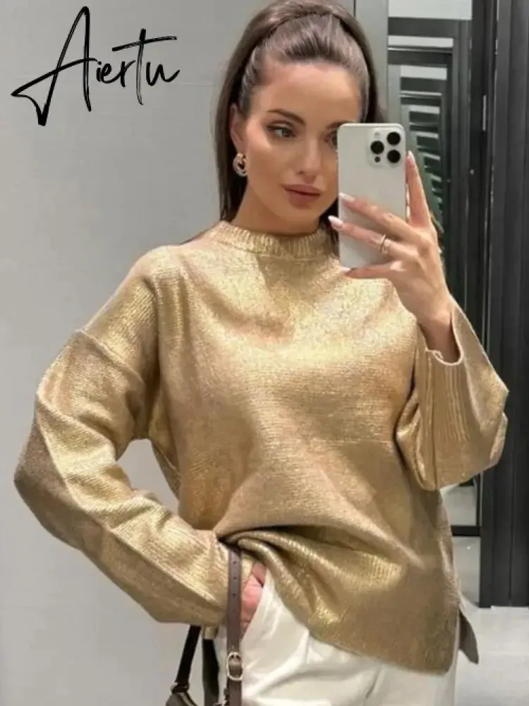 Gold Color O Neck Sweaters Women Fashion Long Sleeve Bright Silk Knit Pullover Female Autumn Elegant Office Ladies Loose Jumpers