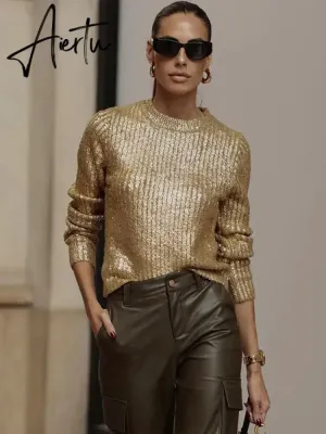 Gold Color O Neck Sweaters Women Fashion Long Sleeve Bright Silk Knit Pullover Female Autumn Elegant Office Ladies Loose Jumpers