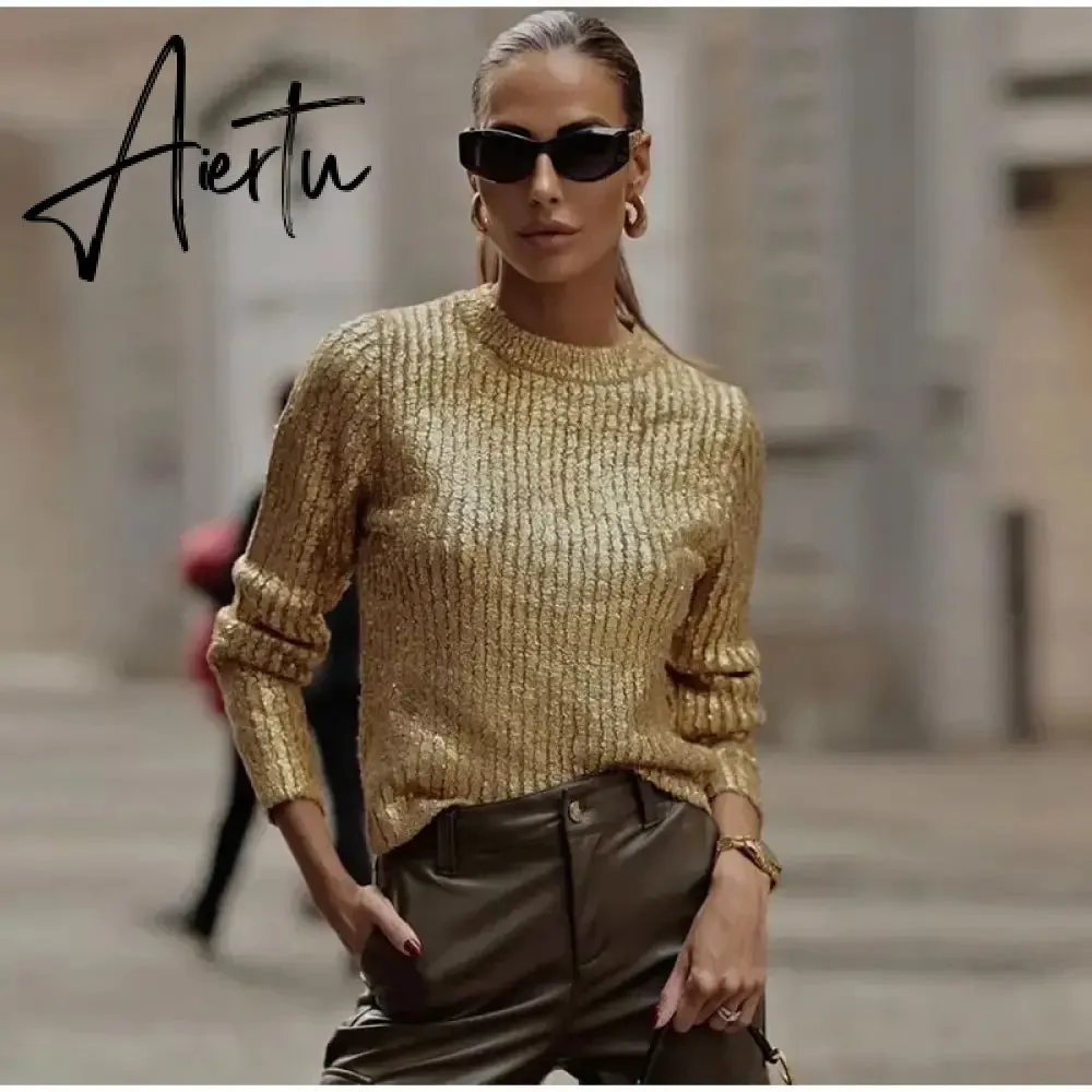 Gold Color O Neck Sweaters Women Fashion Long Sleeve Bright Silk Knit Pullover Female Autumn Elegant Office Ladies Loose Jumpers