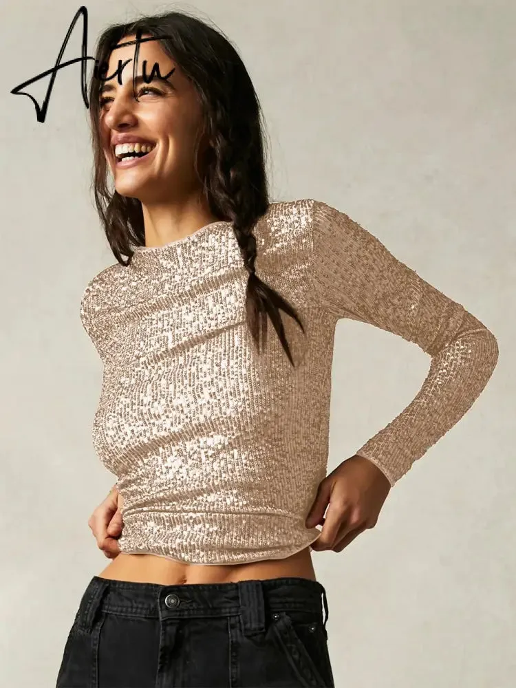 Gold Color O Neck Sweaters Women Fashion Long Sleeve Bright Silk Knit Pullover Female Autumn Elegant Office Ladies Loose Jumpers