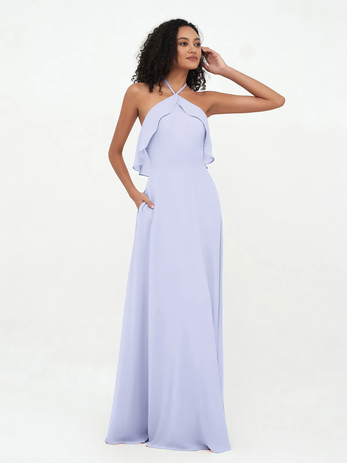 Halter Strap Chiffon Long Bridesmaid Dresses Lavender Plus Size