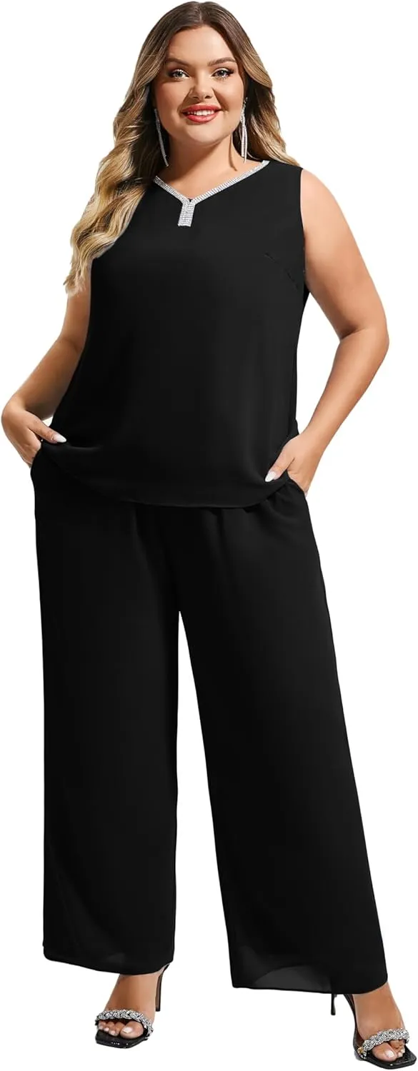 Hanna Nikole Pant Suits for Women Dressy Mother of The Bride 3 Piece Sets Wedding Chiffon Guest Outfit
