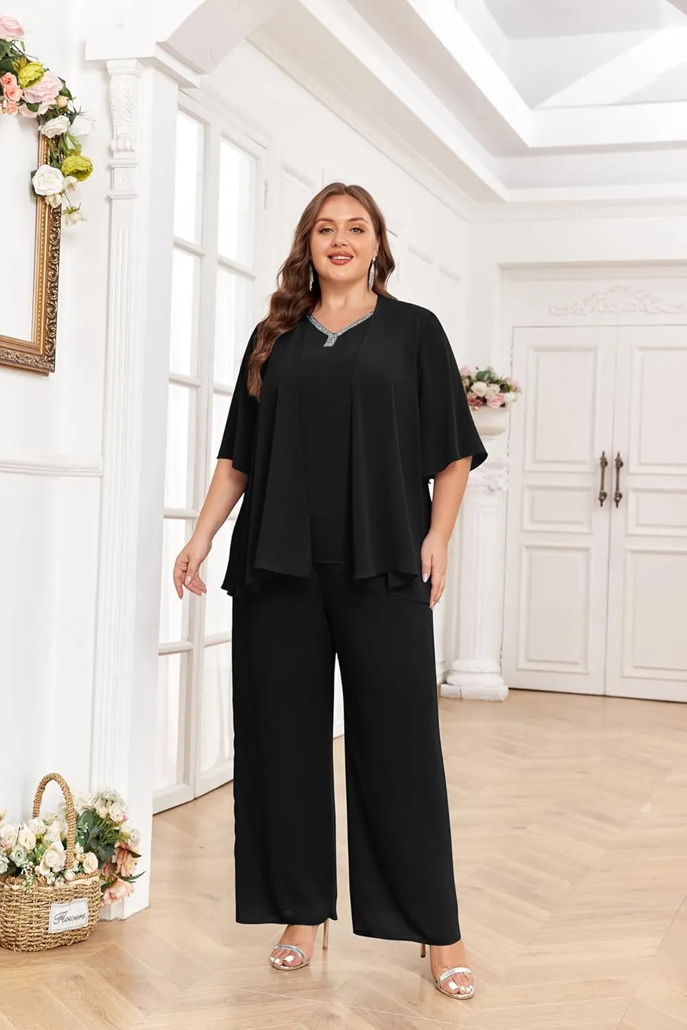Hanna Nikole Pant Suits for Women Dressy Mother of The Bride 3 Piece Sets Wedding Chiffon Guest Outfit