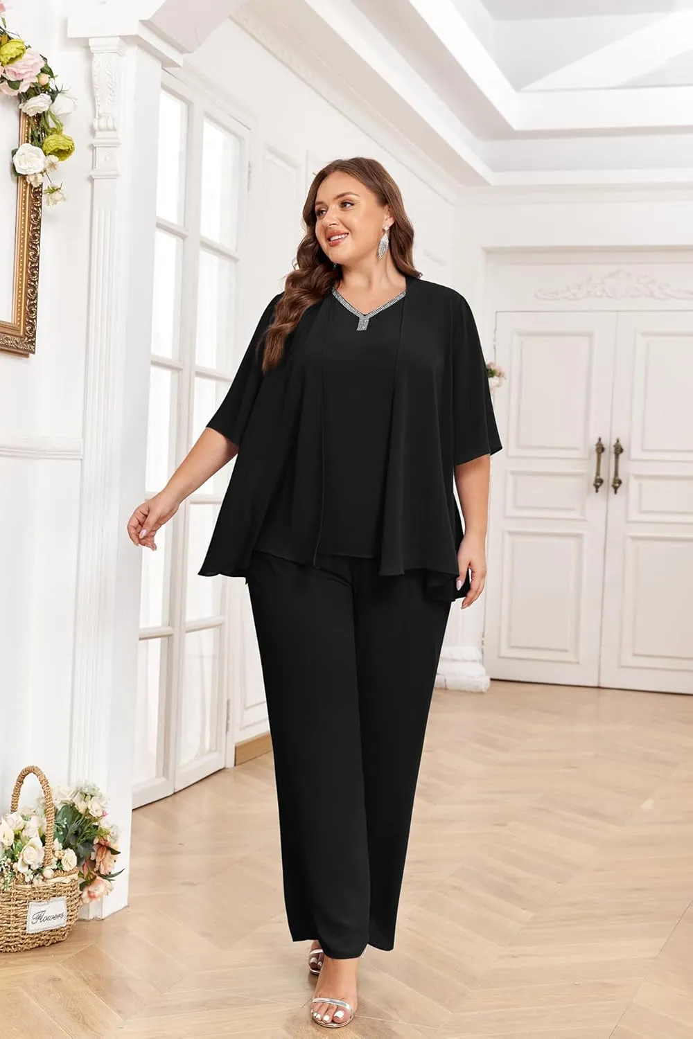 Hanna Nikole Pant Suits for Women Dressy Mother of The Bride 3 Piece Sets Wedding Chiffon Guest Outfit
